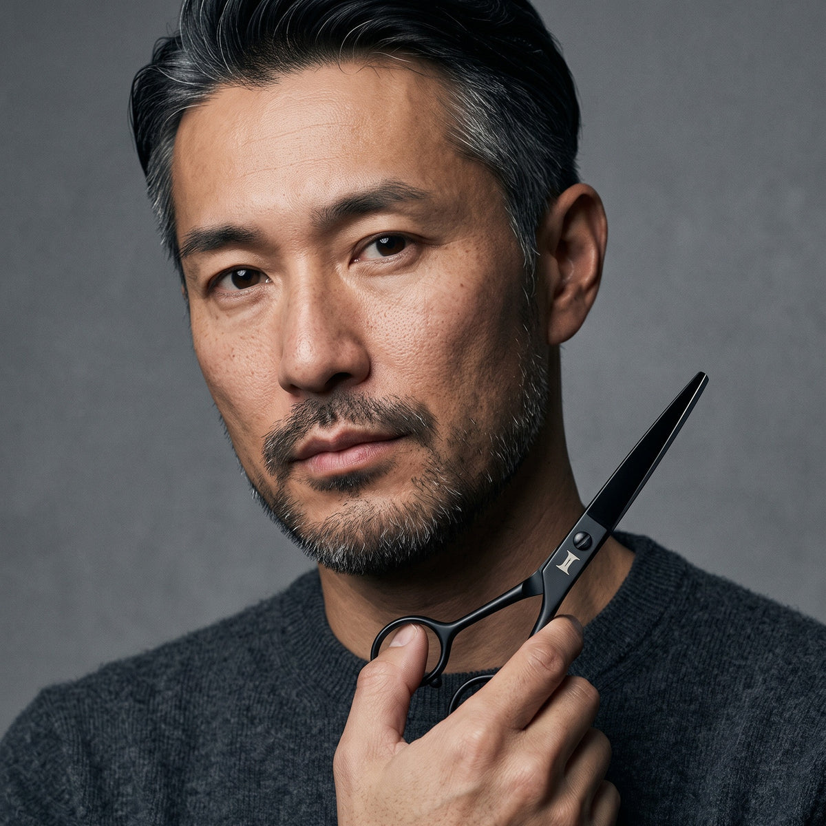 Barber with Intelio Steel Yoru black shears